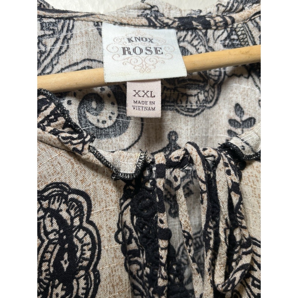 Knox Rose Women's XXL Paisley Boho Blouse Beige Black Long Sleeve Crochet Trim - Picture 5 of 8